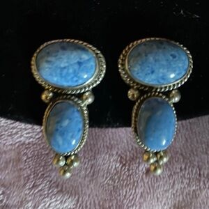 TAXCO Vintage Double Cabochon Denim Lapis Clip On Sterling Earrings 1.75”